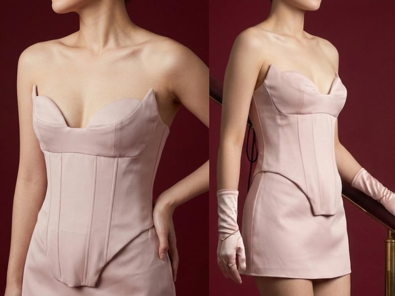 May include: A strapless, blush-colored corset dress with a structured bodice and a mini skirt. The dress features a sweetheart neckline and vertical seam detailing. The model is wearing matching gloves.