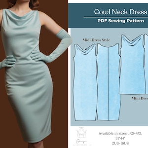 May include: A light blue cowl neck dress with matching gloves. The dress is sleeveless and knee-length. The image also includes a PDF sewing pattern with diagrams for midi and mini dress styles. Text on the image reads "Cowl Neck Dress PDF Sewing Pattern."