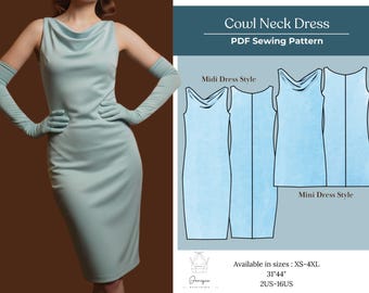 カウルネックドレスの縫製パターン | ボートネックミディドレスのPDFパターン | A4、A0、USレターサイズ