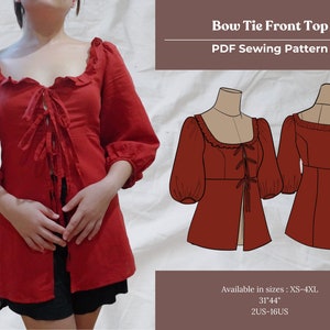 Tie Front Top PDF Sewing Pattern | Bow Tie Blouse Sewing Pattern | Puffed Sleeve Front Tie top Pattern | Bow Front Ruffled Top | 8 Sizes