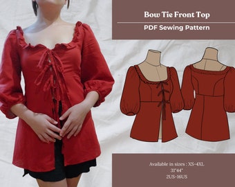 蝶ネクタイフロントトップスの縫製パターン｜フリル付きスクープネック、パフスリーブ（PDFパターン）