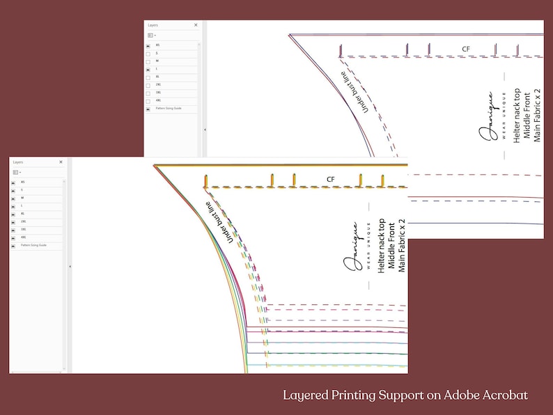 May include: A layered printing support guide for a sewing pattern. The guide shows the different layers of fabric needed for the project, including the main fabric, interfacing, and lining. The guide also includes instructions for cutting and sewing the fabric.