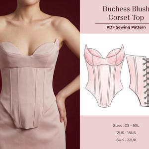 Puede incluir: Un top corsé de color rosa pálido con escote de corazón y paneles verticales. La imagen también muestra un patrón de costura PDF del corsé, con vistas delantera y trasera, y el texto "Duchess Blush Corset Top PDF Sewing Pattern".