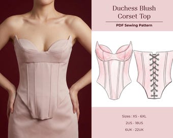 コルセットパターンPDF縫製パターン、ビクトリア朝風バスクウエストコルセットトップ、レースアップバックビスチェ、ブライダルコルセット縫製パターン、即時ダウンロード
