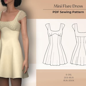 Mini Dress PDF Sewing Pattern | A-Line Mini Dress Pattern | Flared Dress Sewing Pattern | Mini Flare Dress Pattern | 2US-16US | 6UK-20UK