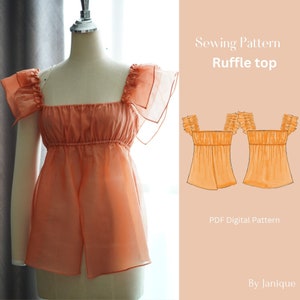 Square Cami Top Sewing Pattern , Ruffled Top Sewing Pattern , Empire Waisted Blouse Pattern , Babydoll Top Sewing Pattern , 2US-14US