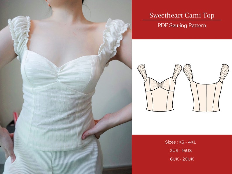 Sweetheart Coquette Top Sewing Pattern, Milkmaid Top Sewing Pattern, Ruched Top Sewing Pattern, Cottagecore Corset Top Pattern, XS-4XL