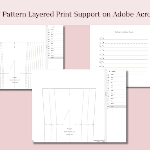 May include: Screenshots of a PDF pattern with layered print support on Adobe Acrobat. The images show different views of the pattern, including cutting line size guides and layer options. The text "PDF Pattern Layered Print Support on Adobe Acrobat" is at the top.