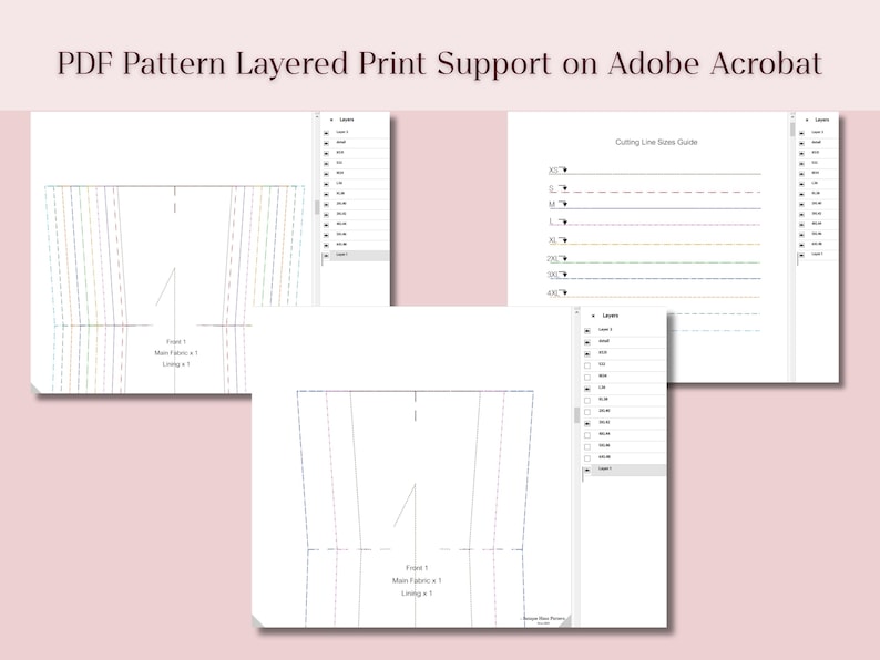 May include: Screenshots of a PDF pattern with layered print support on Adobe Acrobat. The images show different views of the pattern, including cutting line size guides and layer options. The text "PDF Pattern Layered Print Support on Adobe Acrobat" is at the top.