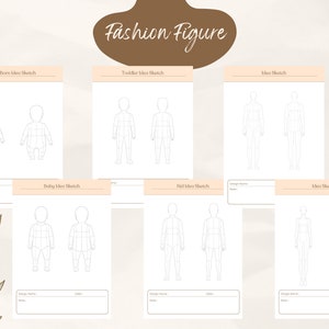May include: Five printable fashion figure templates for sketching clothing designs. The templates include figures for a newborn, baby, toddler, kid, and adult. Each template has two figures, one facing forward and one facing backward.