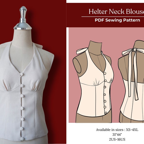 Halter Neck Crop top Sewing Pattern, Halter Top PDF Pattern, Tie Back Top Sewing Pattern, Womens Halter Neck Top Pattern, XS-4XL