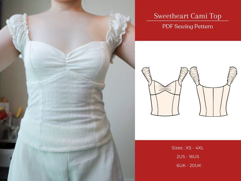 Sweetheart Coquette Top Sewing Pattern, Milkmaid Top Sewing Pattern, Ruched Top Sewing Pattern, Cottagecore Corset Top Pattern, XS-4XL