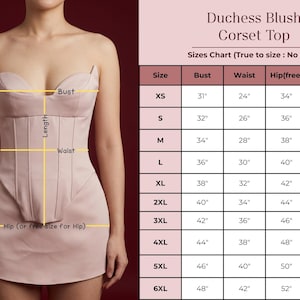 May include: A blush-colored corset top with a sweetheart neckline and structured boning. The image includes a size chart with bust, waist, hip, and length measurements in inches. The text reads "Duchess Blush Corset Top".