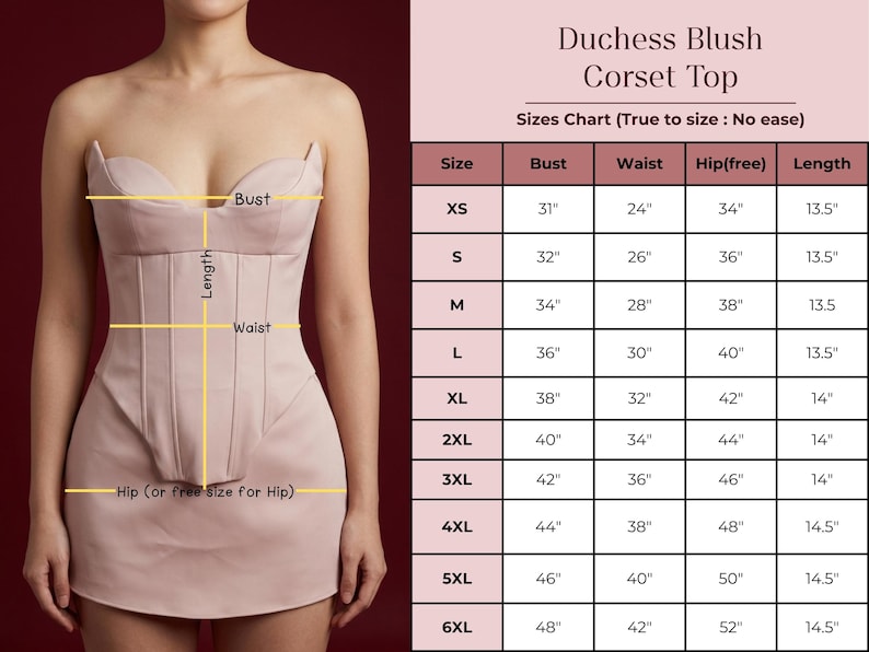 May include: A blush-colored corset top with a sweetheart neckline and structured boning. The image includes a size chart with bust, waist, hip, and length measurements in inches. The text reads "Duchess Blush Corset Top".