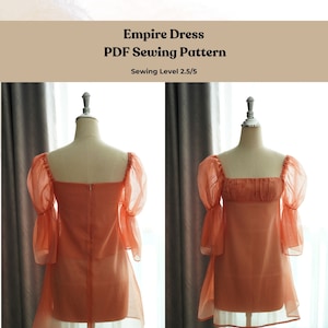 Empire Dress sewing pattern, Empire waist line dress PDF pattern , Puff Sleeves pattern , Shirring bust sewing pattern, 4US-14US