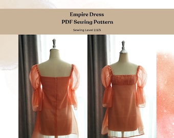 Empire Dress sewing pattern, Empire waist line dress PDF pattern , Puff Sleeves pattern , Shirring bust sewing pattern, 4US-14US