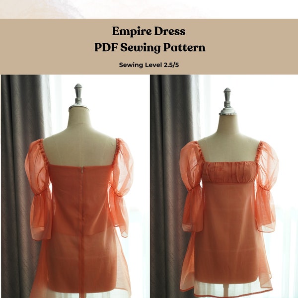 Patron de couture robe empire, modèle PDF de robe avec taille empire, patron manches bouffantes, patron de couture buste fronces, 4US-14US