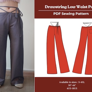 May include: A pair of gray drawstring low waist pants with a tie waist detail. The image also shows a PDF sewing pattern with illustrations of the pants in red. The text reads "Drawstring Low Waist Pant" and "PDF Sewing Pattern".