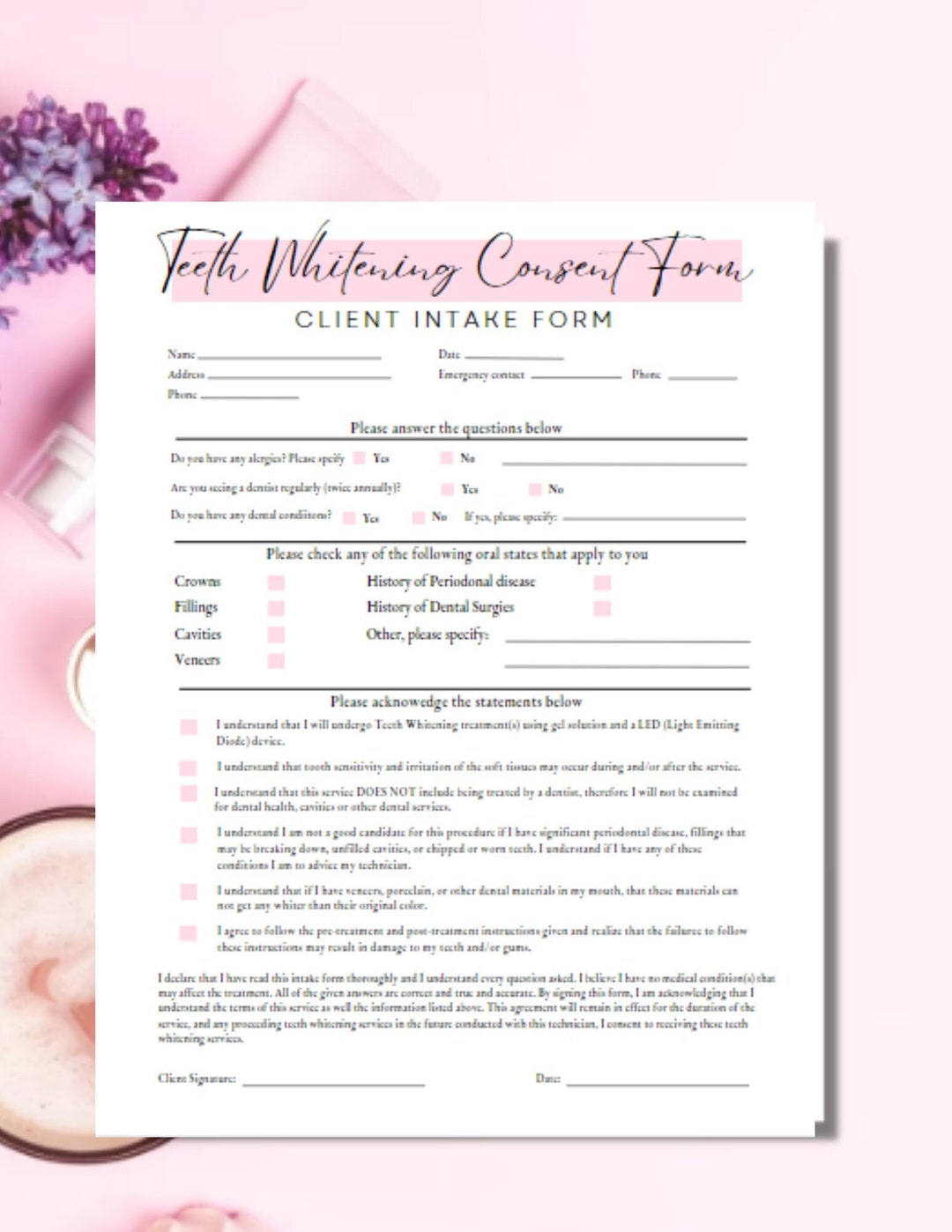 Teeth Whitening Consent Form, Editable and Printable Digital Etsy