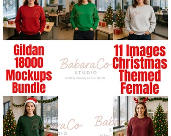 May include: A mockup bundle featuring women in red, green, and grey sweatshirts, some wearing Santa hats or reindeer antlers. The text reads "Gildan 18000 Mockups Bundle" and "11 Images Christmas Themed Female."