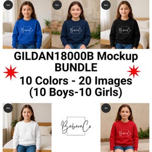 Pacote de mockups de moletom Gildan 18000B para jovens, para impressão sob demanda, mockups de roupas de gola redonda para crianças, imagens planas unissex para meninos e meninas