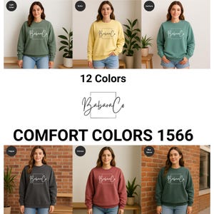 Comfort Colors 1566 Sweatshirt Mockup Bundle, Lifestyle Flat Lay Bekleidung Mockups für POD Shops, 12 gemütliche Farbvarianten, weibliches Modell