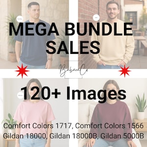 Mockup Mega Bundle T-Shirt und Sweatshirt, Lifestyle Bekleidung Mockups für POD Shops, Comfort Farben 1717, 1566, Gildan 18000, 5000B Vorlagen