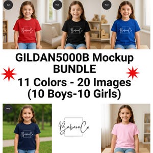 Pacote de mockups de camiseta infantil Gildan 5000B para impressão sob demanda no Etsy, mockups de roupas juvenis para meninos e meninas, conjunto de layout plano de estilo de vida