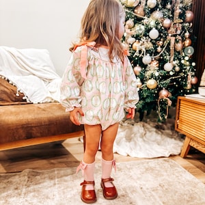 Preppy Pastel Christmas Pink Nutcracker Bubble Toddler Smocked Outfit
