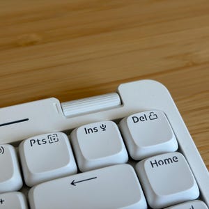 May include: A white computer keyboard featuring square keys with black lettering. Visible keys include F12 with a speaker icon, Pts with a screen capture icon, Ins with a microphone icon, Del with a lock icon, and Home. A white scroll wheel is located at the top.