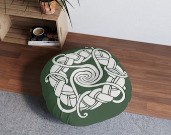 Grand coussin de sol rond capitonné vert à motif celtique