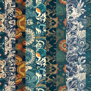 May include: A collection of 10 different fabric swatches featuring intricate floral and geometric patterns in shades of blue, green, white, and orange.