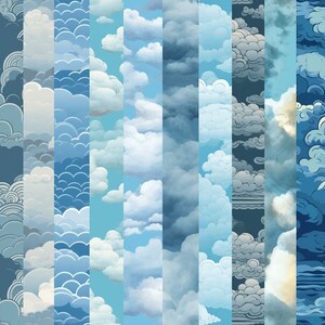 May include: A digital collage of 12 different blue and white cloud patterns. The patterns are arranged in vertical strips, creating a seamless repeating design.