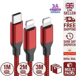 May include: A red braided charging cable featuring a USB-C connector and two Lightning connectors. The cable ends have metallic red and black housings. The image includes text indicating 3A fast charging, 1M, 2M, and 3M length options.