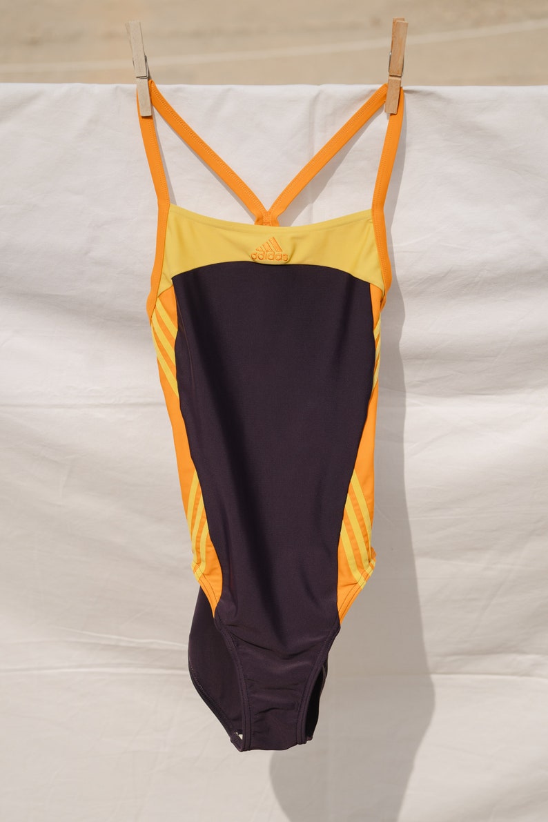 Vintage 90s Adidas Onepiece Swimsuit Colorful Stripes Print Pool Retro