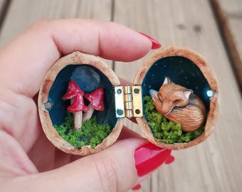 クルミの殻のミニチュアドールハウス、手作り粘土人形、女の子への