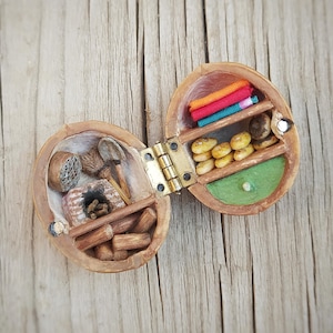 Walnut Shell Pantry- Handmade Miniature- Tiny Wooden Dollhouse Diorama