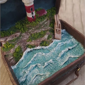 Lighthouse Coastal Diorama Miniature – Handmade Nautical Scene in a Suitcase