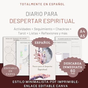 Spiritual awakening diary. Spanish planner. Emotional care diary. Personal growth diary. Printable diary. Editable in Canva