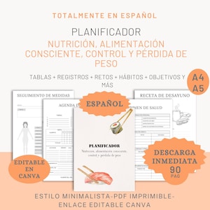 Nutrition planner, mindful eating, weight management and loss. Spanish planner. Weight goals. Health goals.