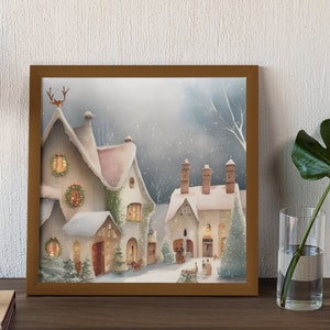 Postal de navidad. Cuadro pueblo nevado. Producto digital. Dibujo acuarela. Cuadro infantil. Dibujo infantil. Pueblo navideño.