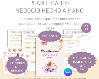 Planificador negocio hecho a mano. Abrir tu negocio paso a paso. Guía en español. Listas de proveedores. Listas de productos y pedidos.