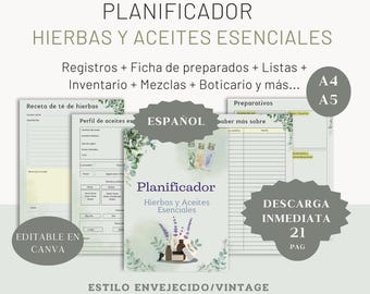 Planner hierbas y aceites esenciales. Bruja verde. Estilo acuarela y vintage. Grimorio en español. Libro de sombras. Planificador digital.