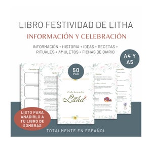 Puede incluir: Una portada de libro imprimible para una guía de 50 páginas para celebrar Litha, un festival del solsticio de verano. La portada presenta un diseño floral con un título que dice "Celebrando Litha" y el texto "Totalmente en Español".