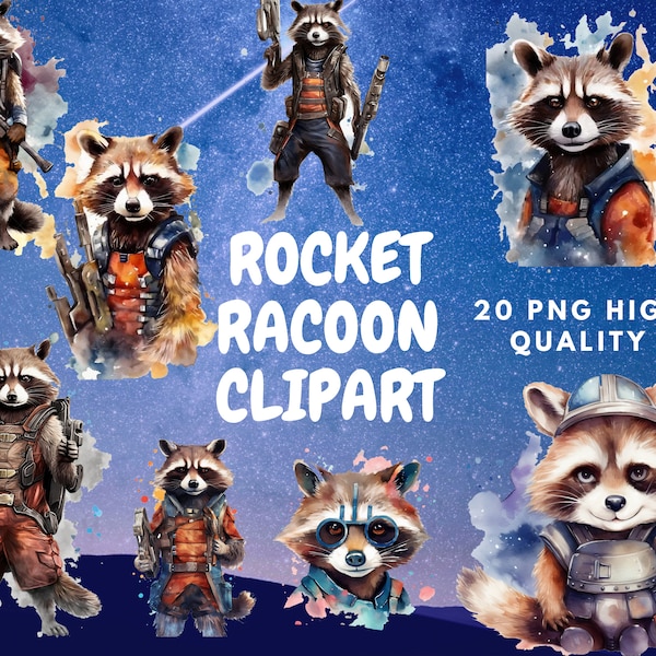 Rocket Racoon Clipart - 20 High Quality PNG - Digital Download - Galaxy Guardians, Digital Paper Craft, Cute Racoon