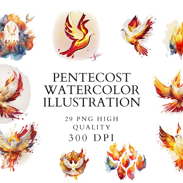 Pentecost Watercolor Clipart - 29 high quality PNG - Pentecost Craft, Digital Paper Craft, Digital Download, Pentecost Dove, 300 DPI