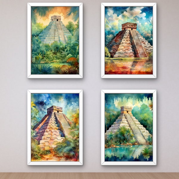 Chichen Itza Printable Wall Art, for digital download, set of posters, Maya Wall Art, Photo Wall Set Printable Art, Watercolor Printable Art