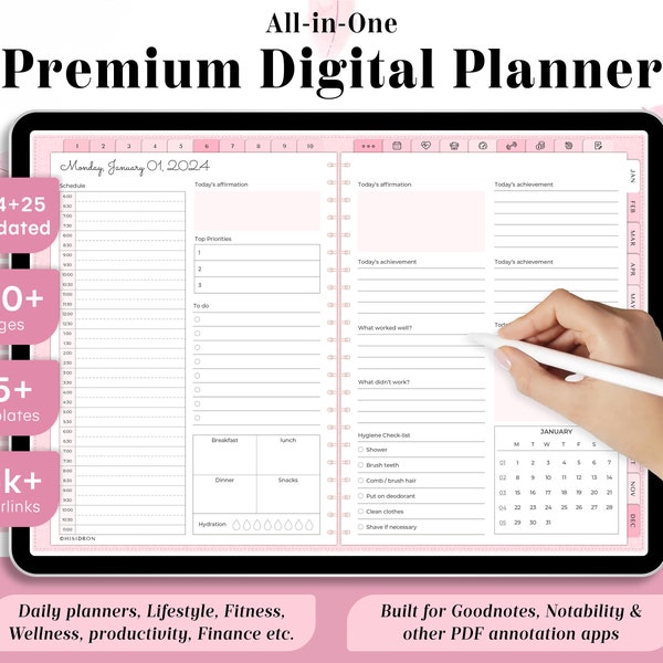 Pink Digital Planner iPad Bundle 2024 & 2025! Plus Undated, iPad, Goodnotes, Notability, Finance, Fitness, Daily Weekly Monthly, All-In-One