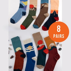 Cozy Funky Pattern Socks Set, 8 Pairs Soft Cotton Socks, Perfect Gift for Men & Women
