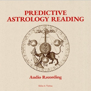 Puede incluir: Sobre un fondo beige, el texto rojo "Predictive Astrology Reading" corona una ilustración circular. La ilustración presenta símbolos del zodiaco y un diseño central. Debajo, el texto "Audio Recording" se muestra en rojo.